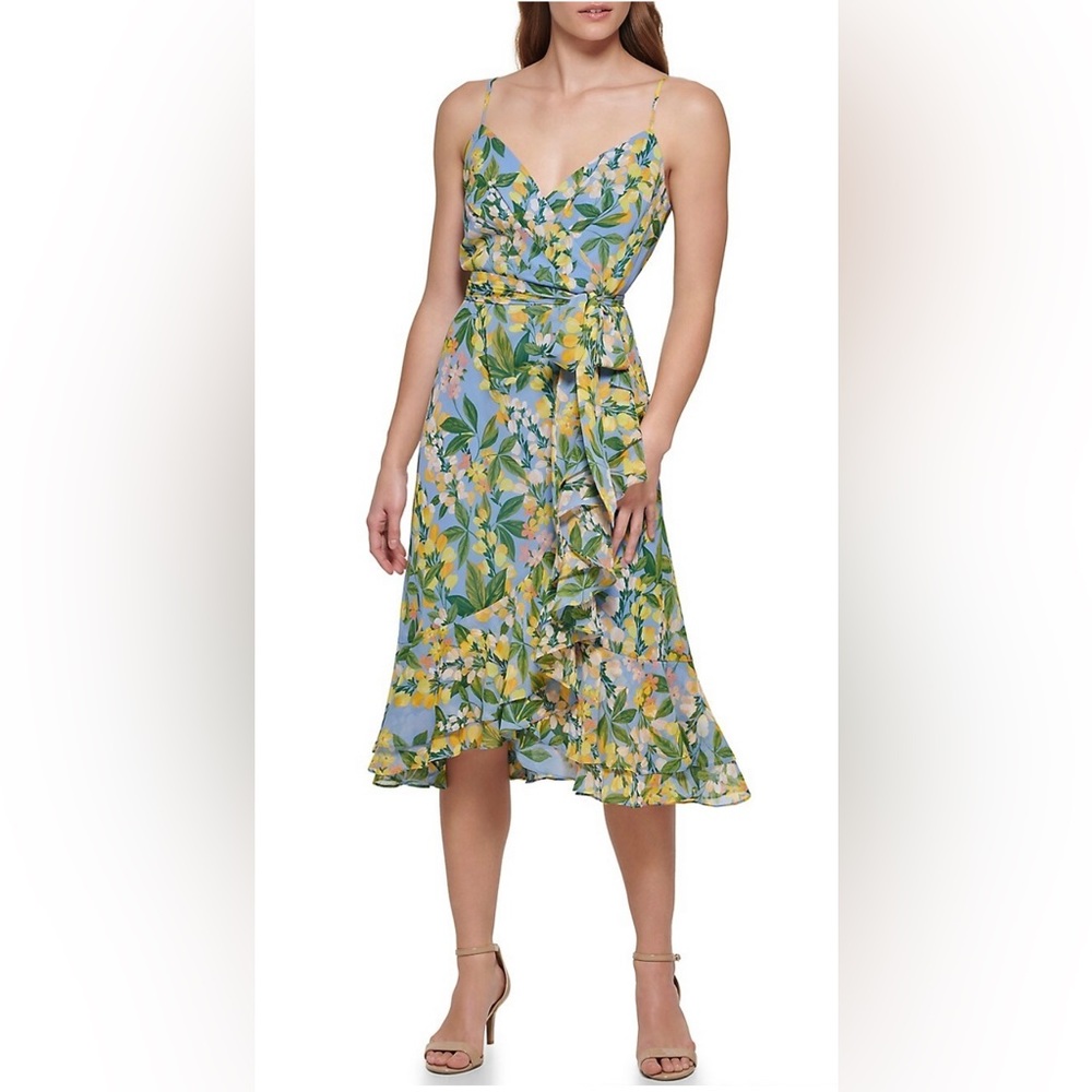 Floral wrap chiffon fit & flare dress